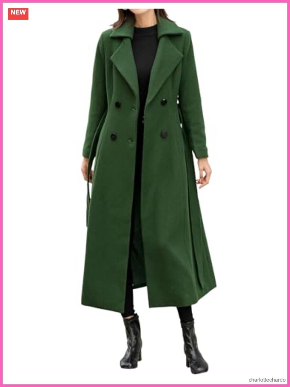 Womens Long Wool Blend Trench Coat Double Breasted Belted Winter Pea Coat